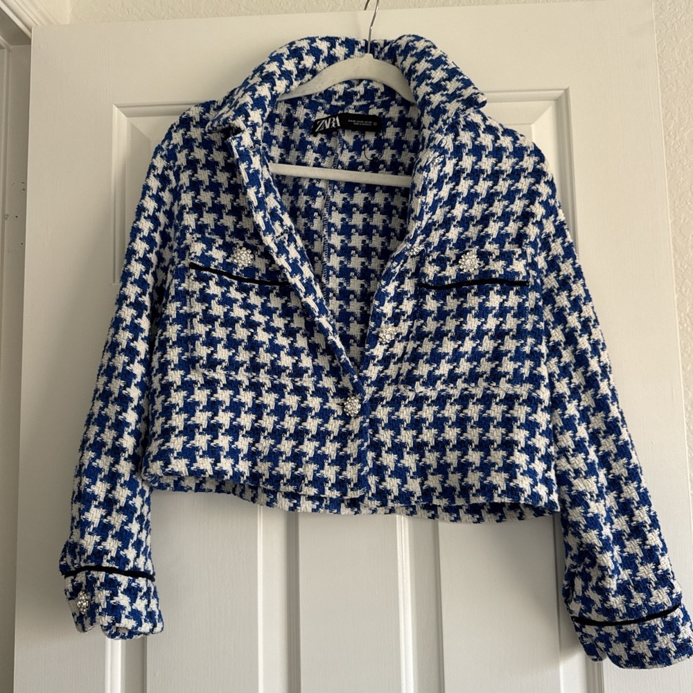 Zara Blue and White Houndstooth Blazer